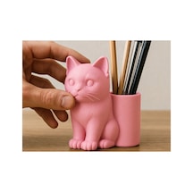 Alvera Kedi Figürlü Kalemlik 3d Baskı Masaüstü Organizer - Pembe