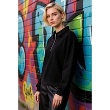 Benerly Kadın Polo Yaka Düşük Kol Fermuarlı Regular Kalıp Örme Sweatshirt siyah