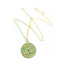 Yeşil Mineli 925 Ayar Gümüş Kaplama Üzeri Şans Kolyesi Çok REnkli