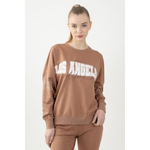 Maraton Sportswear Oversize Kadın Bisiklet Yaka Uzun Kol Basic Mantar Sweatshirt 22168-mantar