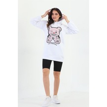 Organik Lady Teddy Bear Desenli Kapüşonlu Kadın Sweatshirt-beyaz