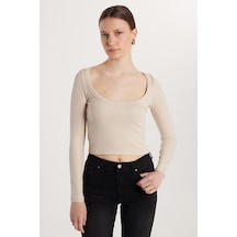 Tudors Kadın Modal Kumaş Slim Fit Dar Kesim Kare Yaka Taş Bluz-33385 Taş