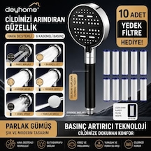 Filtreli Duş Başlığı, 6 Kademeli Su Akışlı, Basınç Artırıcı, Kaymaz Silikon Kaplama, Siyah-gümüş, 10 Yedek Pp Filtre 6 Fonks. Duş Başlığı + 10 Adet Yedek Filtre
