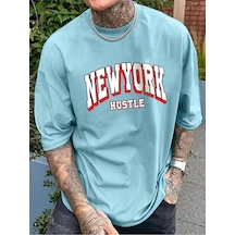 Newyork Hustle Süprem T-shirt - Bebe Mavisi Baskılı Oversize Bisiklet Yaka Kısa Kol Tişört Bebe Mavi