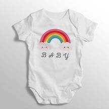 İmaj Tuğbababy Gökkuşağı Resimli Baby Yazılı Baskılı Bebek Zıbını Beyaz