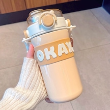 Velvettides Kişilik Alfabe Termos Bardak Taşınabilir Pipet Su Bardak Erkekler Ve Kızlar Su Bardak Öğrenci Spor Su Şişesi Köri Rengi