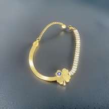 Modern Ve Şık Nazar Boncuklu Antialerjik Gold Renk Çelik Bileklik-9057597230519 Gold