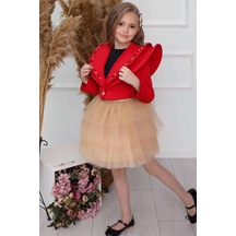 Riccotarz Kız Çocuk V Yaka Ve Taş Detaylı Ceket Kırmızı Etekli Takım Kırmızı