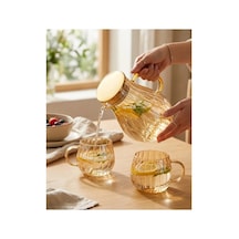 Modern Borosilikat Dilimli 1800 Ml Cam Sürahi Ve 300ml 2li Bardak Çay, Meyve Detoksu Ve Soğuk İçe Şeffaf