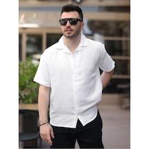 Erkek Relax Fit Kısa Kollu Keten Gömlek Beyaz