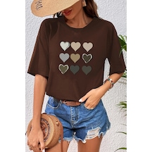 Unisex Kalp Baskılı T-shirt Kahverengi