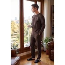 Buratti Yumuşak Dokulu Minimal Nakışlı Uzun Kollu Pijama Takımı Erkek Pijama Takımı 6575009 Kahve
