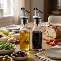 2 Li Cam Yağlık Sirkelik Seti, 300 Ml X 2, Akış Kontrollü Kapaklı Zeytinyağı Ve Sirke Şişesi, Salata Sosu Ve Sıvı Baharat Sunum Seti, Şeffaf Çok Renkli