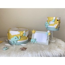 Sarı Mint Karışık Hayvan Figürlü Bebek Çocuk Odası Avize Abajur Çerçeve Set