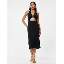 Koton Midi Halter Yaka Elbise Pencere Detaylı Deniz Kabuğu Detaylı Yırtmaçlı Siyah 4sak80037pk