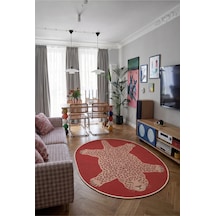 Leopar 03 Kırmızı Pembe Leopar İnce Vintage Görünüm Şönil Dokuma Oval Oturma Odası Ev Koridor Halısı