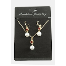 Zenviac456 Damla İnci Zirkon Taşlı Set Kolye Zenviac45678 Kırmızı