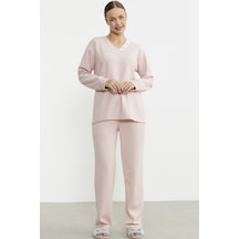 Sementa Yumuşak Dokulu V Yaka Pijama Takım - Pembe Pembe