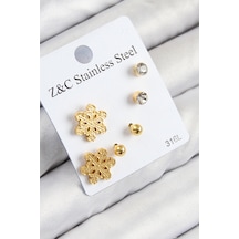 316l Çelik Zirkon Taşlı Kar Tanesi Model Gold Renk Kadın Set Küpe - Çok Renkli