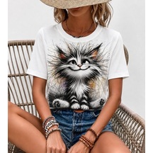 Oada Kadın Kısa Kollu Bisiklet Yaka Kedi Baskılı Süprem Bluz Beyaz