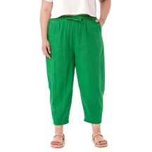 Büyük Beden Yarım Şalvar Astarlı Cepli Yeşil Keten Pantolon