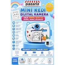 Çocuk Dijital Kamera Kedi Temalı Termal Yazıcılı 2.4 İnç Ekran Fotoğraf Video Selfie 3 Oyunlu Anında Baskı Makinesi Print Kamera Çift Kamera, Silikon Kılıf