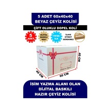 5 Adet 60x40x40 Kurdale Baskılı Beyaz Çeyiz Kolisi, İsim Yazma Alanı Renkli Baskı, Çift Oluklu
