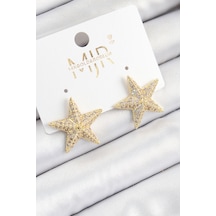 Pirinç Zirkon Taşlı Yıldız Model Gold Renk Kadın Küpe Çok Renkli