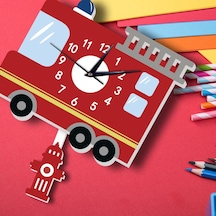 CajuArt Ahşap Sallanan Sarkaçlı İtfaiye Arabası Çocuk Duvar Saati Kırmızı