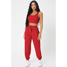 Ang Butik Kadın Kırmızı Kaşkorse Cepli Jogger Eşofman Altı Ve Crop Top Bluz