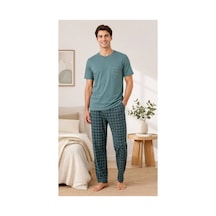 Pijamask Erkek Ekose Desenli Cepli Kısa Kollu Pijama Takımı Turkuaz