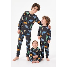Zuzunga Dinozor Desenli Siyah Uzun Kollu Erkek Çocuk Pijama Takımı Antrasit