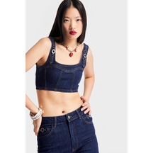 Kadın Lacivert Renk 19w5-33 Aksesuar Detaylı Askılı Esnek Kumaş Tasarım Denim Büstiyer