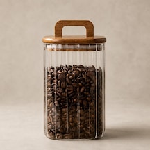 700 Ml Ahşap Kapaklı Ve Saplı Kare Oluklu Cam Kahve Saklama Kavanozu, Şeffaf Erzak Kabı, Kahve Çekirdeği, Kuruyemiş, Şeker, Bakliyat Ve Mutfak Saklama Kabı Çok Renkli