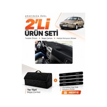 Fıat Siena 1999-2005 Uyumlu Torpido Örtüsü + Tay Tüyü Bagaj Çantası + Sticker Seti - Siyah