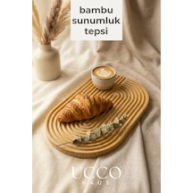 Doğal Bambu Sunumluk - 33x20x1,3cm Kahve, Tatlı, Peynir Oval Oluklu Servis Tabağı Tepsi Krem