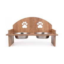 Ahşap İkili Köpek Mama Ve Su Kabı, Pati Desenli, Paslanmaz Çelik Kaseli