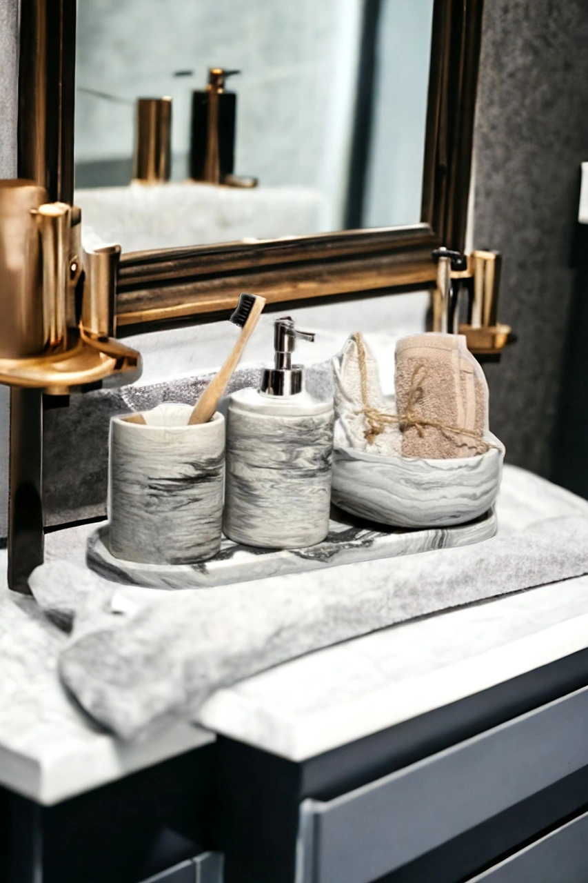 4'lü Banyo Seti Sıvı Sabunluk Diş Fırçalığı Beton Aksesuar Takım Gri