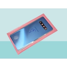 Tkgz - Samsung Galaxy Uyumlu S10 Plus Arka Kapak Batarya Kapağı Cam Full Lensli - Mavi Çok Renkli