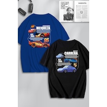 Unisex Cars Şimşek Mcqueen Ve Sally Sırt Baskılı Sevgili Çift Kombini Tasarım Oversize T-shirt 2li Mavi Siyah Mck0541 Çok Renkli