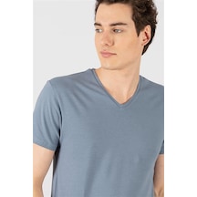 Tudors 20387 Slim Fit Dar Kesim V Yaka Kısa Kol Basic Erkek Tişört Gri