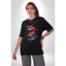 Kırmızı Japon Balığı Pamuklu Bisiklet Yaka Unisex Oversize Boyfriend Dijital Baskılı Siyah T-shirt Siyah