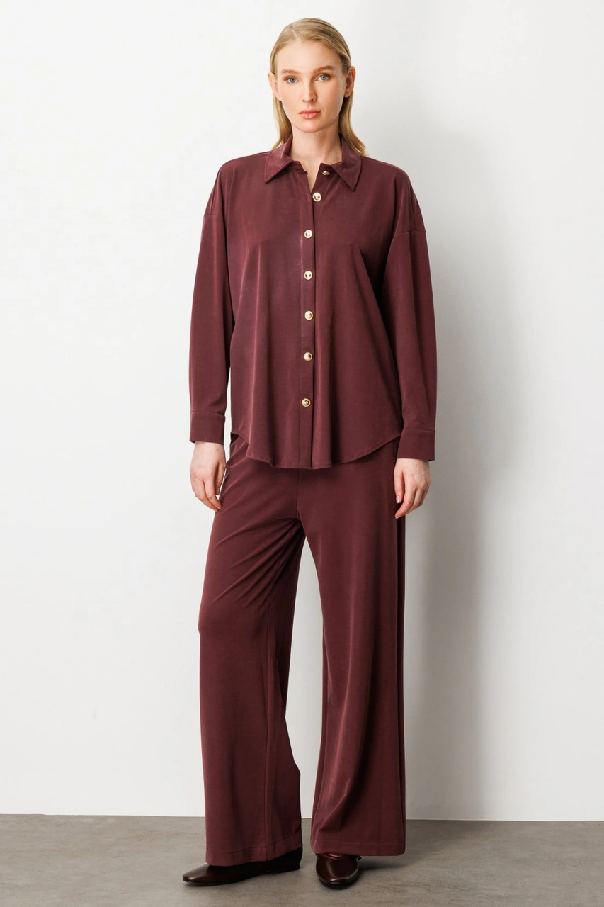 On Kadın Beli Lastikli Bol Paça Pantolon 66307 Bordo Bordo