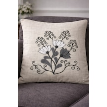 Punch Panç Nakışlı İşlemeli Kırlent Kılıfı 43x43cm Dekoratif Gündelik Kırlent Kılıfı - 1 Adet Gri Çiçekli