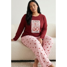 Siyah İnci Pamuklu Likralı Büyük Beden Battal Boy Örme Pijama Takım 26240895 Bordo
