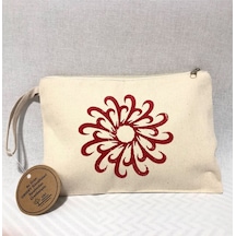 Obidev Tahta Baskı Dairesel Çiçek Desenli Clutch ,portföy Çanta,makyaj Çantası Krem