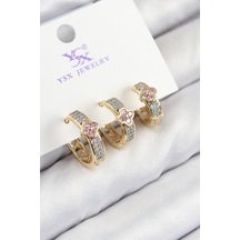 Pirinç Zirkon Taşlı 3'lü Halka Yonca Model Gold Ve Gümüş Renk Kadın Küpe Çok Renkli