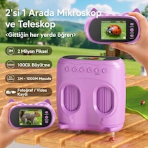 387 Mor 2'si 1 Arada Dijital Çocuk Mikroskobu & Dürbün - 1000x Büyütme, 1000 Metre Menzil, 2 Mp Full Hd Ekranlı Eğitici Bilim Kiti