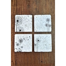 Doğal Taş Bardak Altlığı 4'lü Set 10x10x1 Cm Beyaz Karahindiba Silüeti Desenler Stone Coasters Çok Renkli