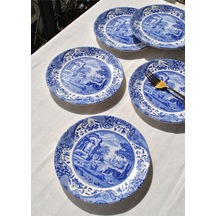 6'lı Özel Tasarım Premium Seramik 20 Cm Pasta Tabağı Takımı Mavi Tatlı Tabak -old Town Lacivert